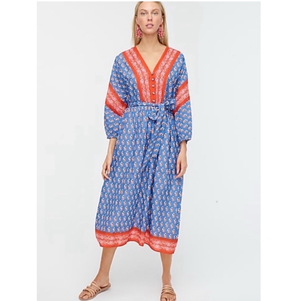 J. Crew Classic Block Print Midi Dress V Neck Beach Cover Up Button Front Medium